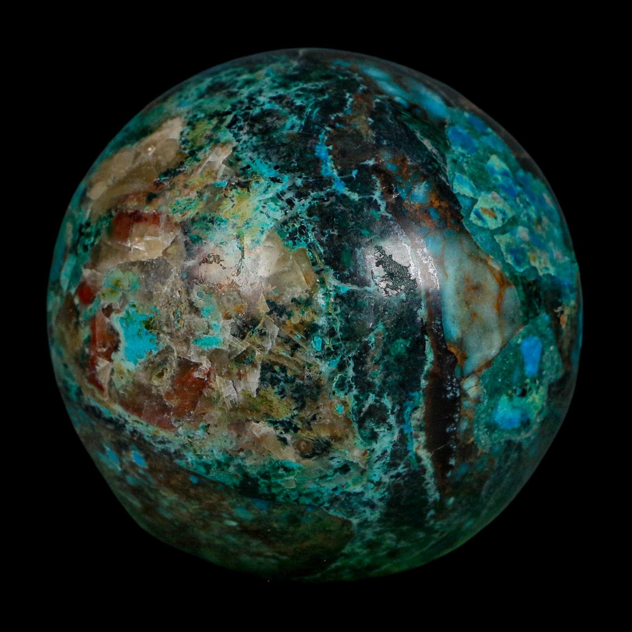 XL 60MM Polished Chrysocolla, Malachite, Crystal Mineral Sphere Peru - Fossil Age Minerals