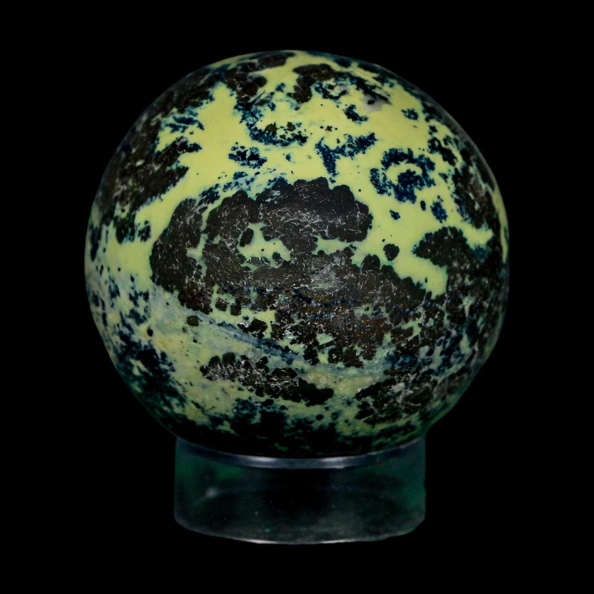 XL 52MM Natural Green & Yellow Serpentine Pyrite Sphere Ball Orb Peru Stand - Fossil Age Minerals