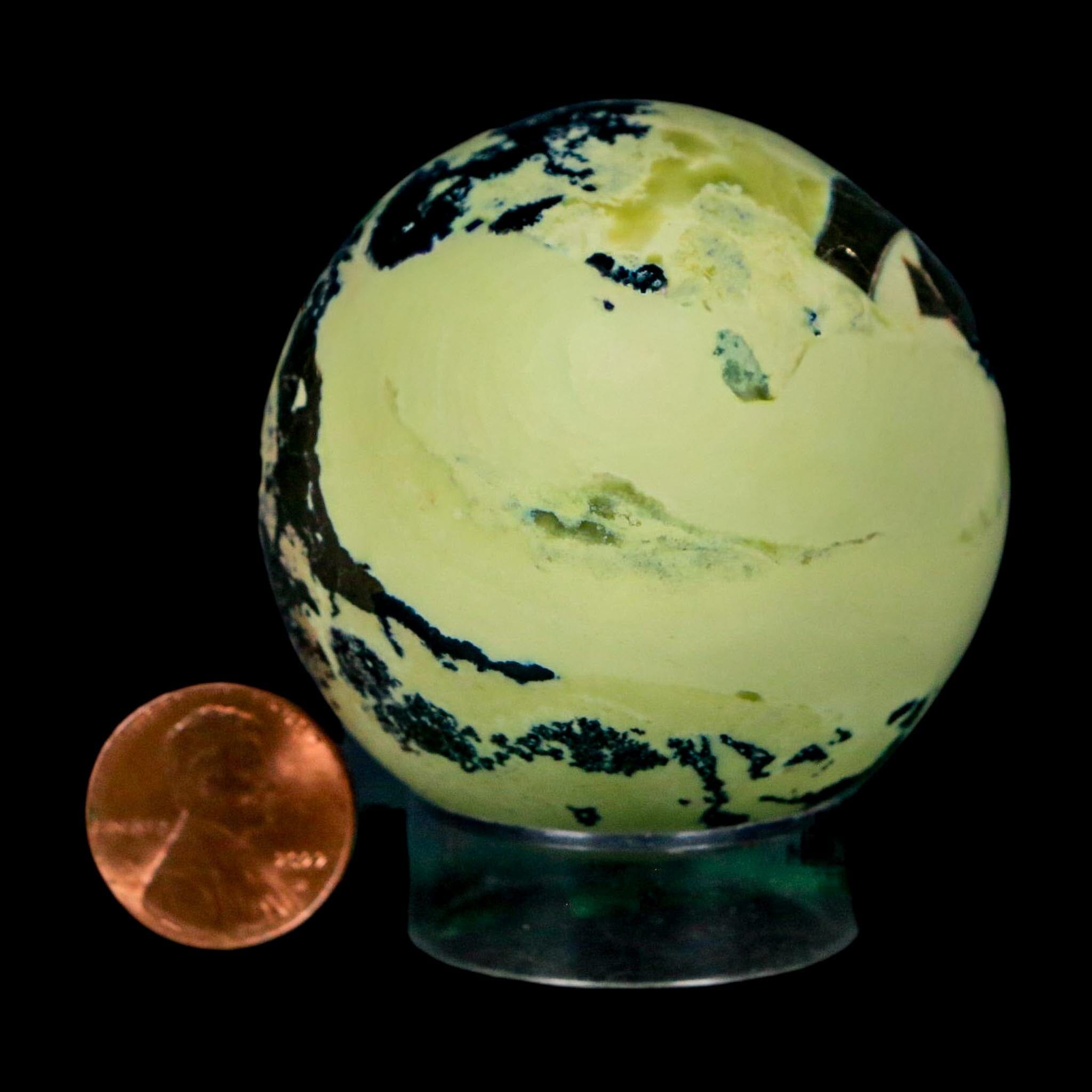 XL 52MM Natural Green & Yellow Serpentine Pyrite Sphere Ball Orb Peru Stand - Fossil Age Minerals