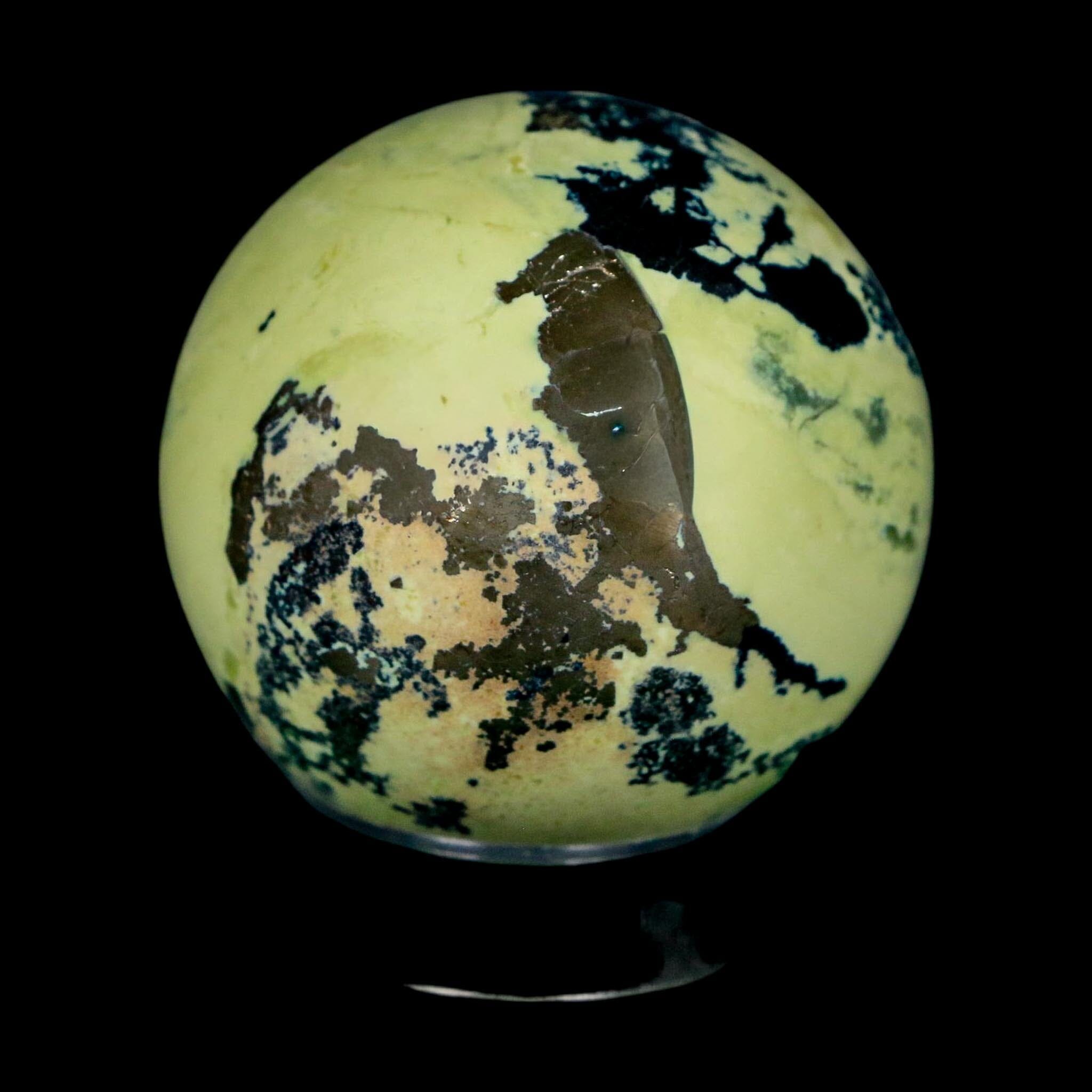 XL 52MM Natural Green & Yellow Serpentine Pyrite Sphere Ball Orb Peru Stand - Fossil Age Minerals