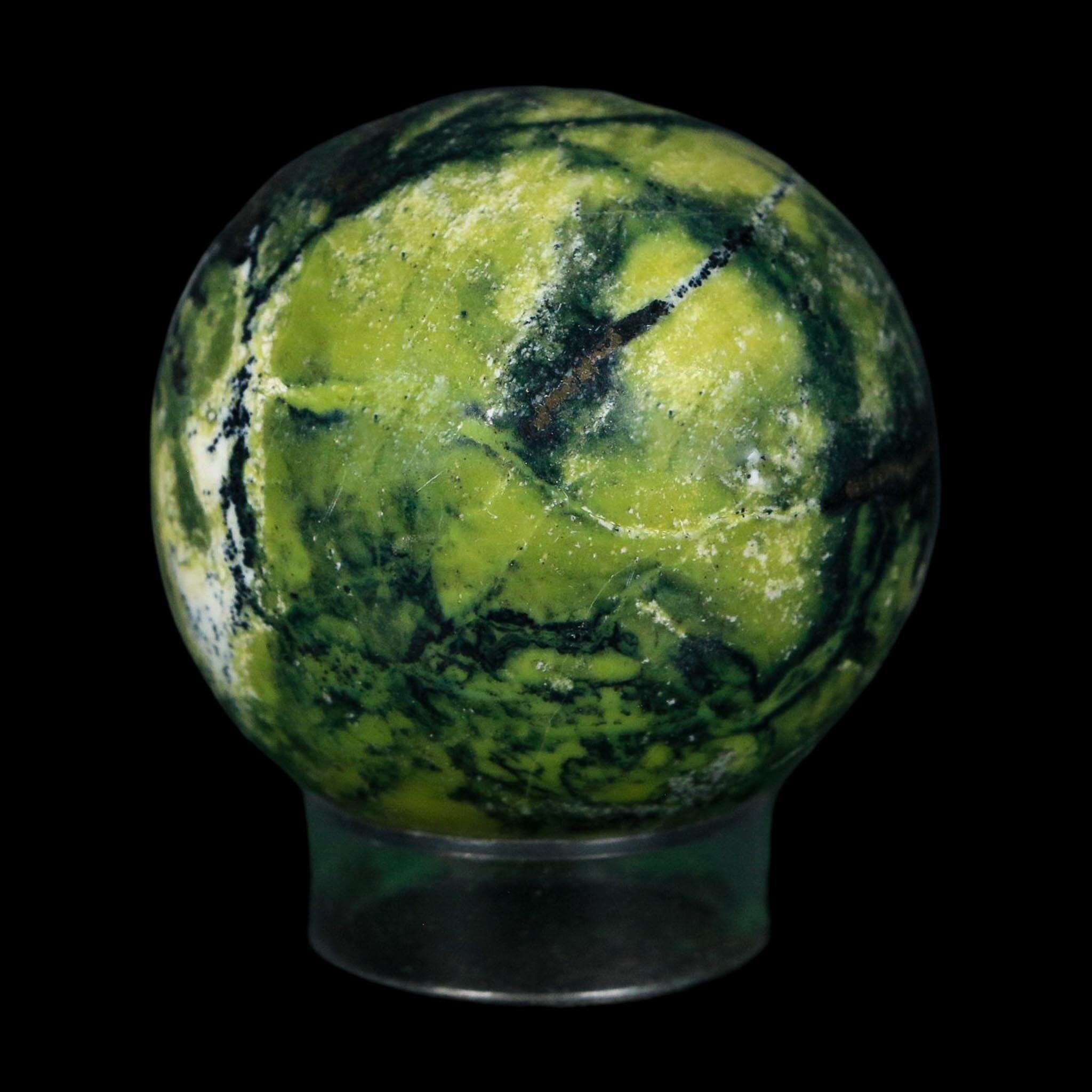 XL 52MM Natural Green & Yellow Serpentine Pyrite Sphere Ball Orb Peru Stand - Fossil Age Minerals