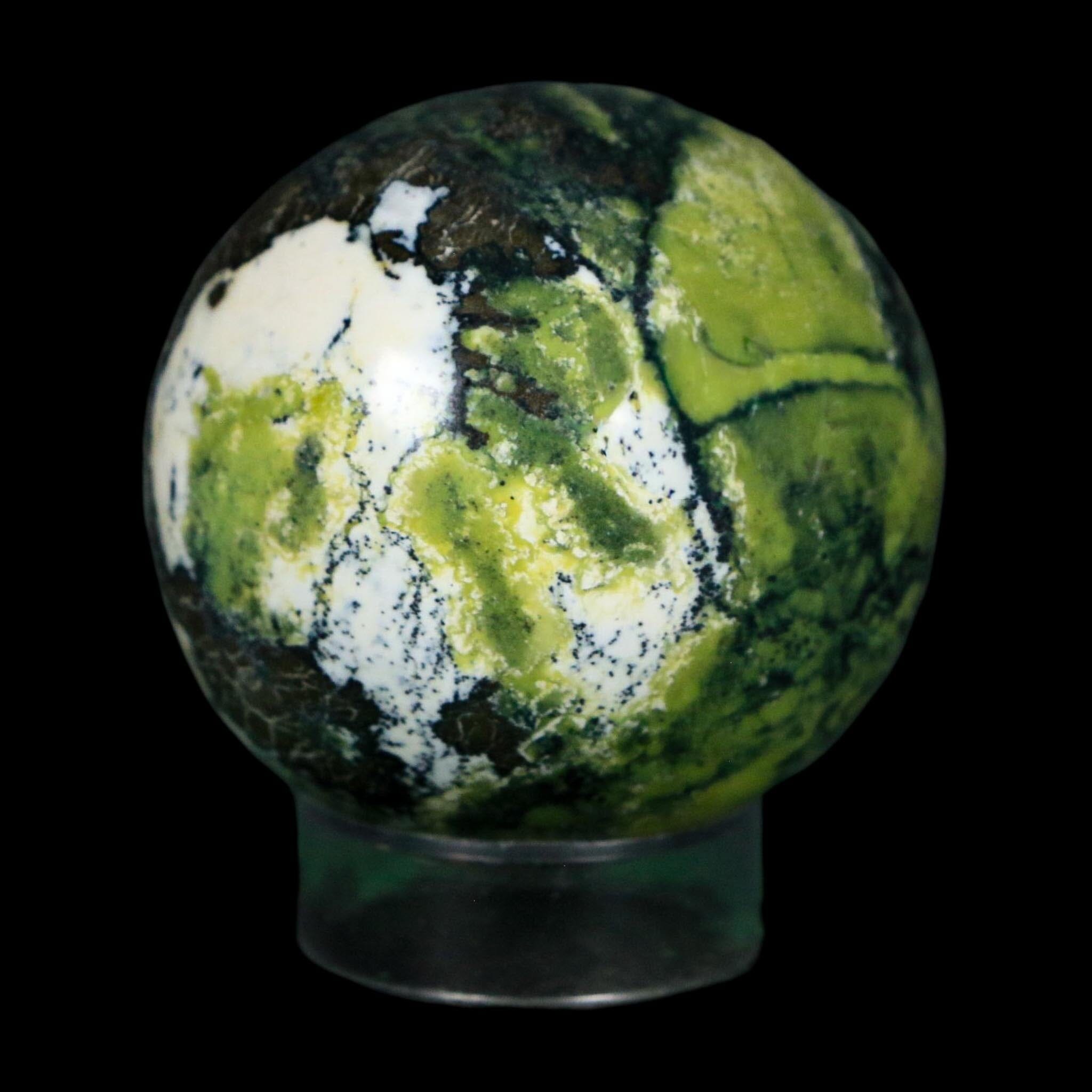 XL 52MM Natural Green & Yellow Serpentine Pyrite Sphere Ball Orb Peru Stand - Fossil Age Minerals