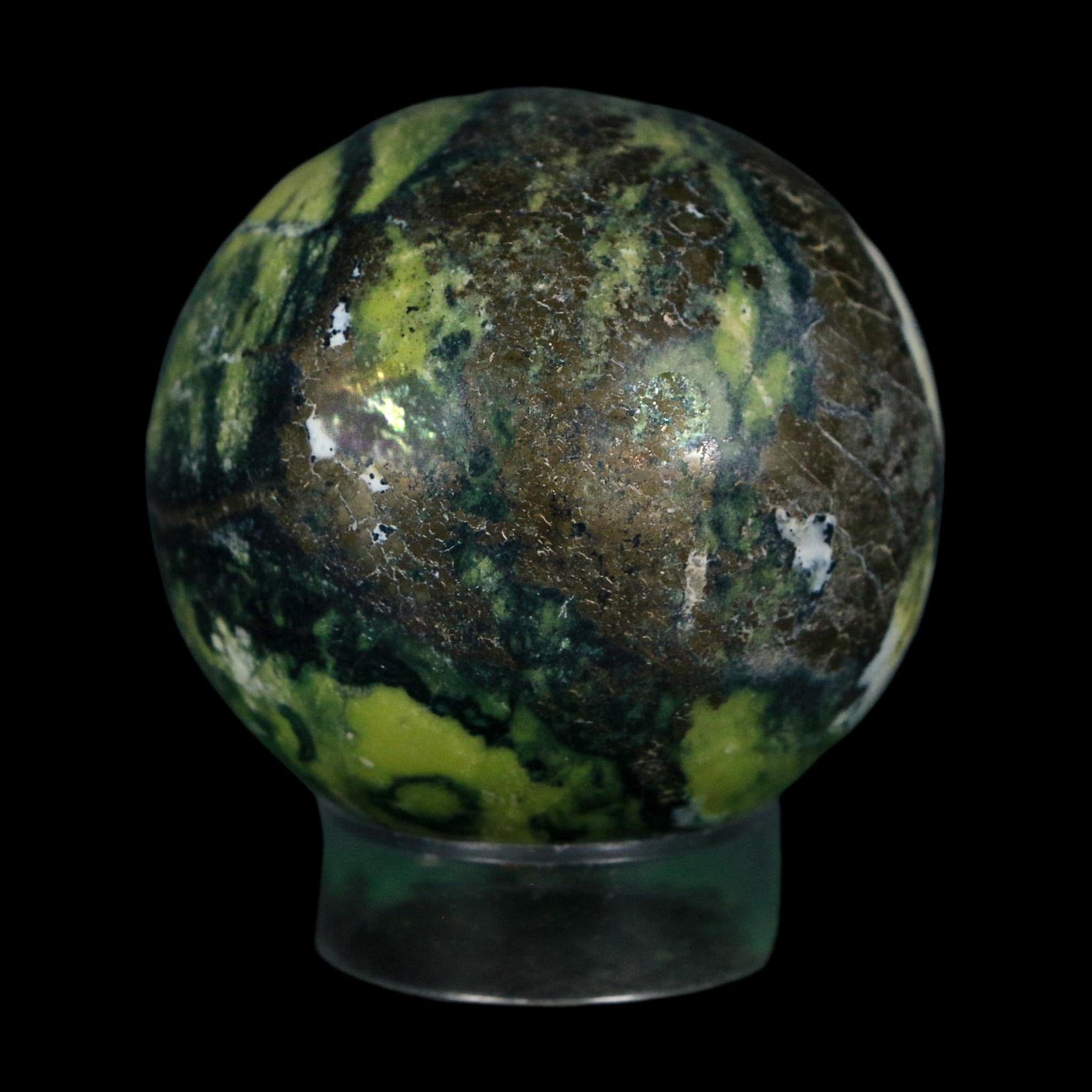 XL 52MM Natural Green & Yellow Serpentine Pyrite Sphere Ball Orb Peru Stand - Fossil Age Minerals