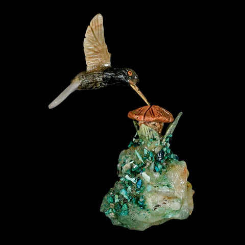 3.8" Hand Carved Bird Perched on Quartz, Malachite Crystal Hummingbird Peru