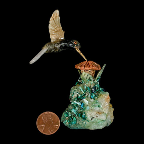 3.8" Hand Carved Bird Perched on Quartz, Malachite Crystal Hummingbird Peru