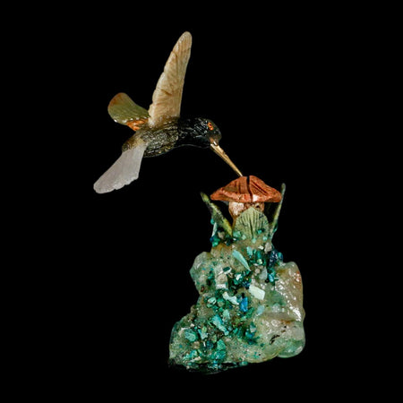 3.8" Hand Carved Bird Perched on Quartz, Malachite Crystal Hummingbird Peru