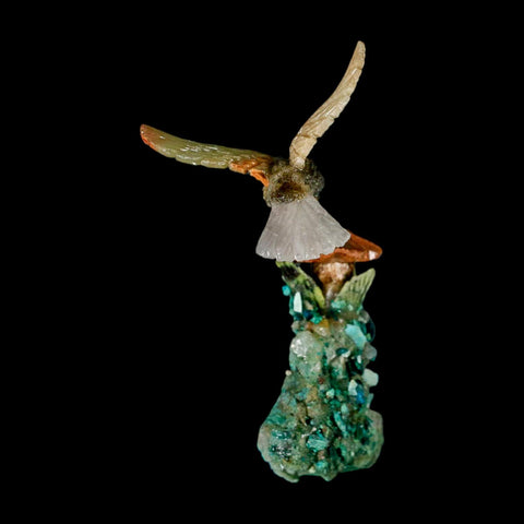 3.8" Hand Carved Bird Perched on Quartz, Malachite Crystal Hummingbird Peru