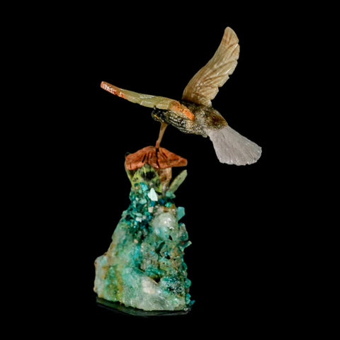 3.8" Hand Carved Bird Perched on Quartz, Malachite Crystal Hummingbird Peru