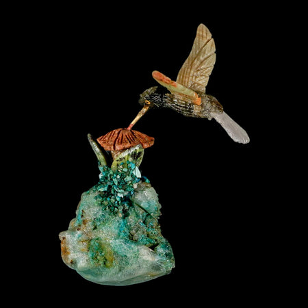 3.8" Hand Carved Bird Perched on Quartz, Malachite Crystal Hummingbird Peru