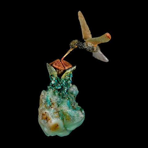 3.8" Hand Carved Bird Perched on Quartz, Malachite Crystal Hummingbird Peru