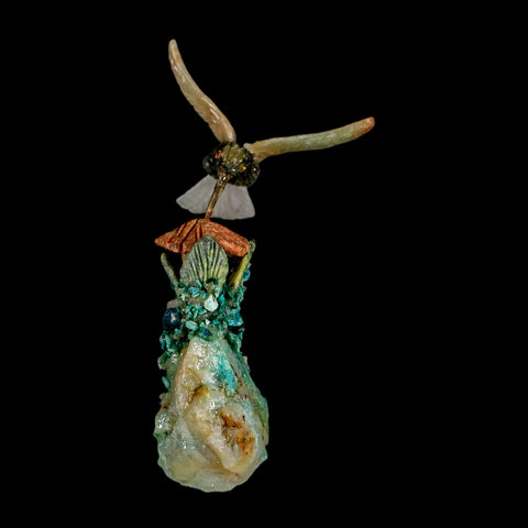3.8" Hand Carved Bird Perched on Quartz, Malachite Crystal Hummingbird Peru