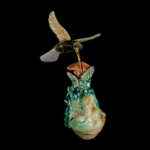 3.8" Hand Carved Bird Perched on Quartz, Malachite Crystal Hummingbird Peru