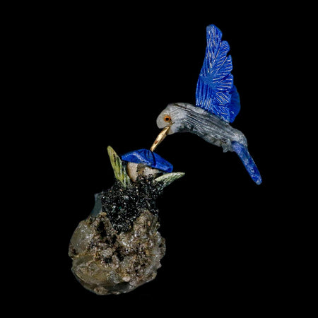 3.6" Hand Carved Bird Perched on Quartz, Sodalite Crystals Hummingbird Peru