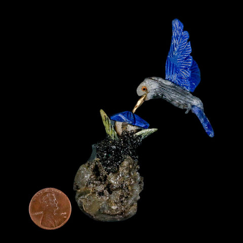 3.6" Hand Carved Bird Perched on Quartz, Sodalite Crystals Hummingbird Peru