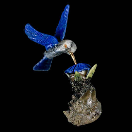 3.6" Hand Carved Bird Perched on Quartz, Sodalite Crystals Hummingbird Peru