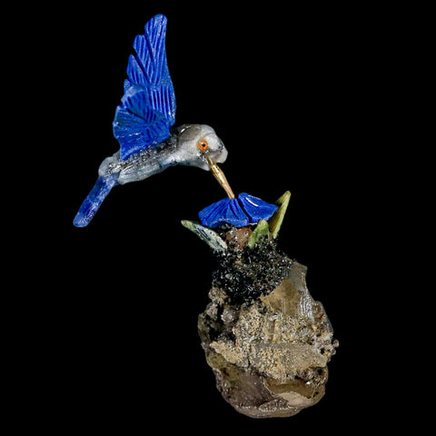 3.6" Hand Carved Bird Perched on Quartz, Sodalite Crystals Hummingbird Peru