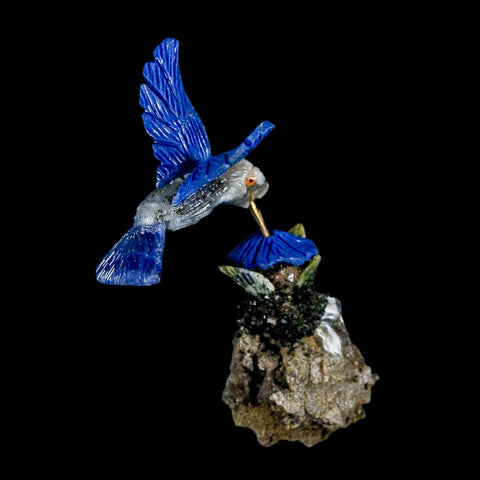 3.6" Hand Carved Bird Perched on Quartz, Sodalite Crystals Hummingbird Peru