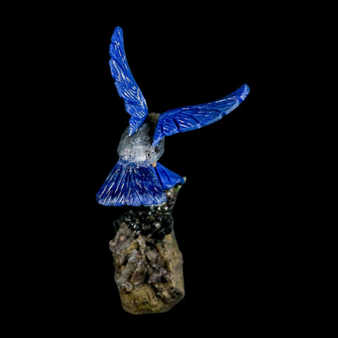 3.6" Hand Carved Bird Perched on Quartz, Sodalite Crystals Hummingbird Peru