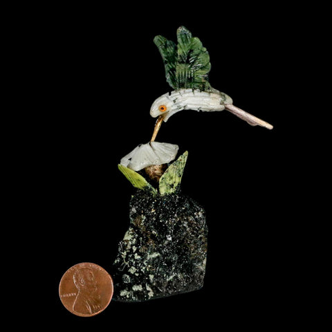 3.6" Hand Carved Bird Perched on Quartz, Black Tourmaline Crystals Hummingbird Peru