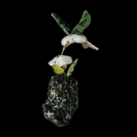 3.6" Hand Carved Bird Perched on Quartz, Black Tourmaline Crystals Hummingbird Peru