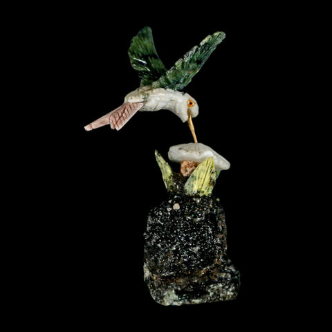 3.6" Hand Carved Bird Perched on Quartz, Black Tourmaline Crystals Hummingbird Peru