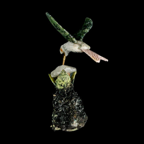 3.6" Hand Carved Bird Perched on Quartz, Black Tourmaline Crystals Hummingbird Peru