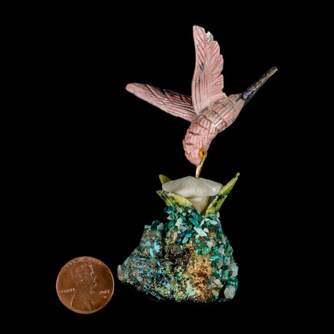 3.7" Hand Carved Bird Perched on Quartz, Malachite Crystals Hummingbird Peru