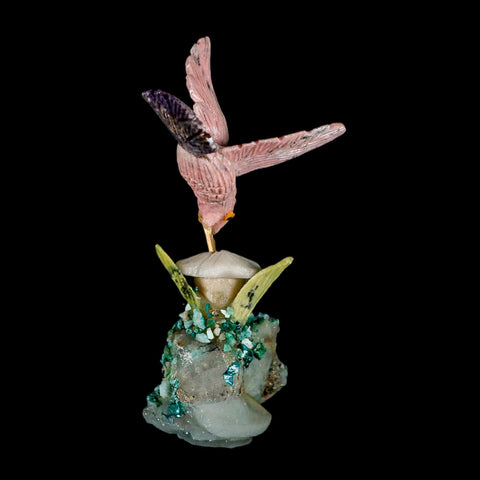 3.7" Hand Carved Bird Perched on Quartz, Malachite Crystals Hummingbird Peru