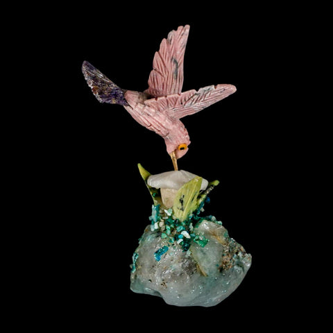 3.7" Hand Carved Bird Perched on Quartz, Malachite Crystals Hummingbird Peru