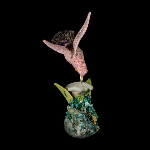 3.7" Hand Carved Bird Perched on Quartz, Malachite Crystals Hummingbird Peru