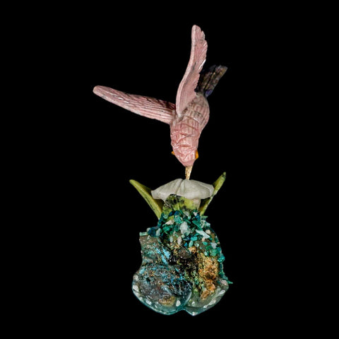 3.7" Hand Carved Bird Perched on Quartz, Malachite Crystals Hummingbird Peru