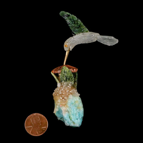 3.9" Hand Carved Bird Perched on Amazonite, Quartz Crystals Hummingbird Peru