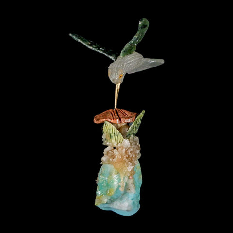 3.9" Hand Carved Bird Perched on Amazonite, Quartz Crystals Hummingbird Peru