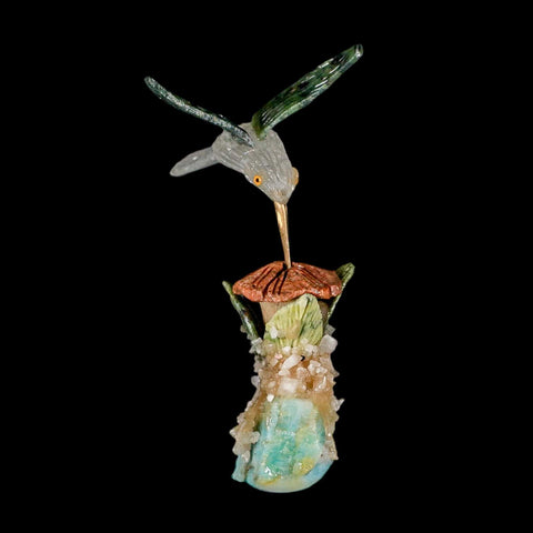 3.9" Hand Carved Bird Perched on Amazonite, Quartz Crystals Hummingbird Peru