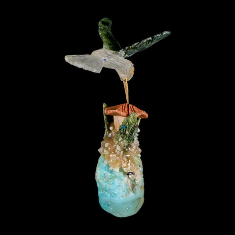 3.9" Hand Carved Bird Perched on Amazonite, Quartz Crystals Hummingbird Peru