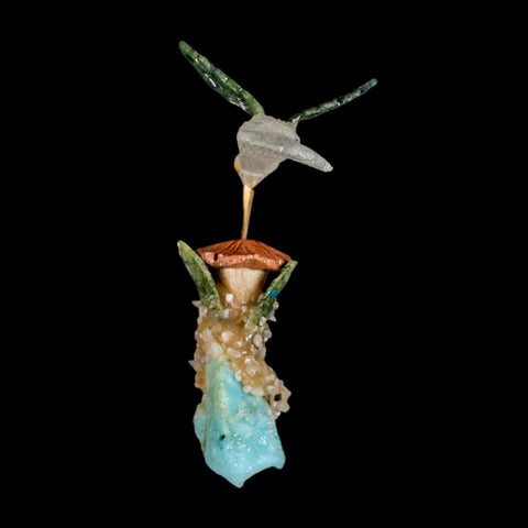 3.9" Hand Carved Bird Perched on Amazonite, Quartz Crystals Hummingbird Peru