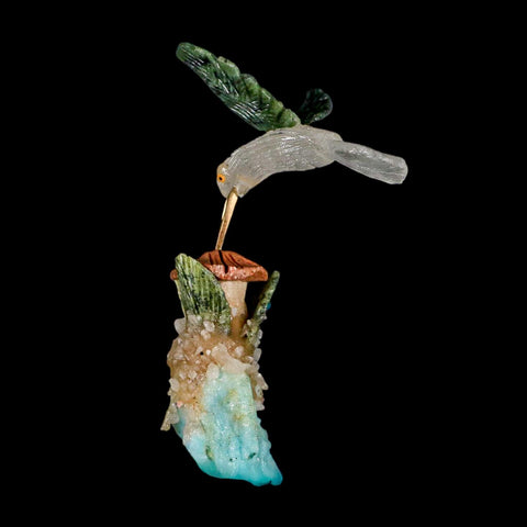 3.9" Hand Carved Bird Perched on Amazonite, Quartz Crystals Hummingbird Peru