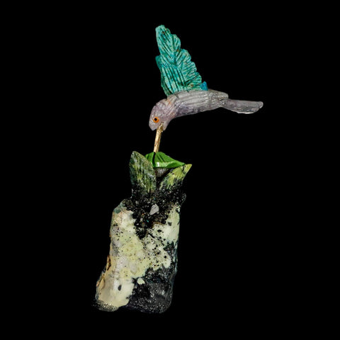 3.9" Hand Carved Bird Perched on Serpentine, Quartz Crystals Hummingbird Peru
