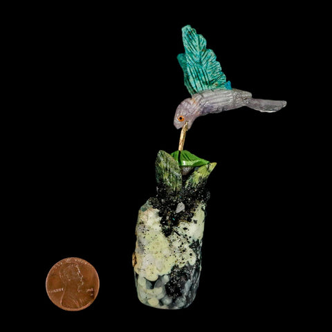 3.9" Hand Carved Bird Perched on Serpentine, Quartz Crystals Hummingbird Peru
