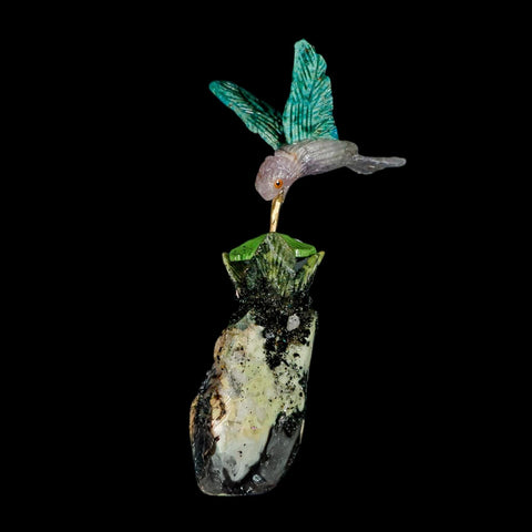 3.9" Hand Carved Bird Perched on Serpentine, Quartz Crystals Hummingbird Peru