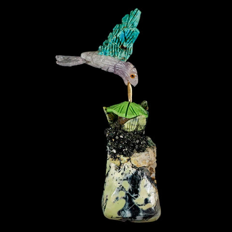 3.9" Hand Carved Bird Perched on Serpentine, Quartz Crystals Hummingbird Peru