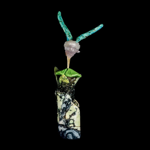 3.9" Hand Carved Bird Perched on Serpentine, Quartz Crystals Hummingbird Peru