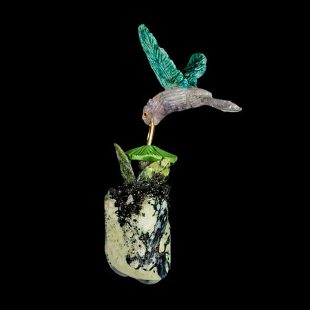 3.9" Hand Carved Bird Perched on Serpentine, Quartz Crystals Hummingbird Peru