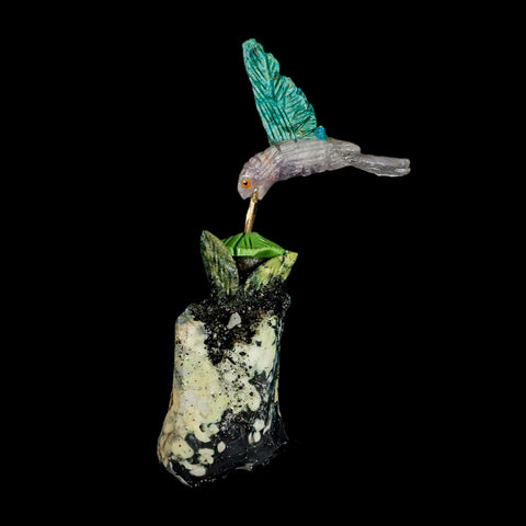 3.9" Hand Carved Bird Perched on Serpentine, Quartz Crystals Hummingbird Peru