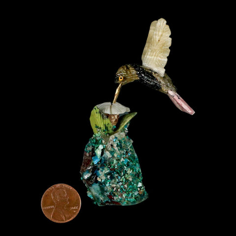 3.9" Hand Carved Bird Perched on Malachite, Quartz Crystals Hummingbird Peru
