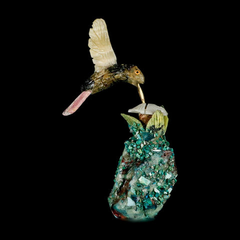 3.9" Hand Carved Bird Perched on Malachite, Quartz Crystals Hummingbird Peru