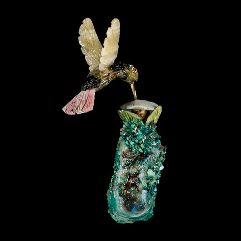 3.9" Hand Carved Bird Perched on Malachite, Quartz Crystals Hummingbird Peru