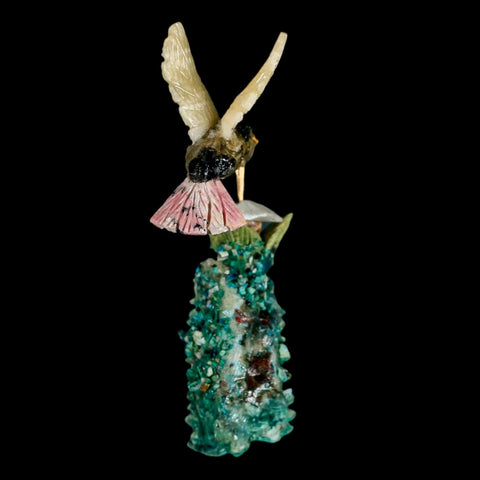 3.9" Hand Carved Bird Perched on Malachite, Quartz Crystals Hummingbird Peru