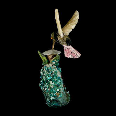 3.9" Hand Carved Bird Perched on Malachite, Quartz Crystals Hummingbird Peru