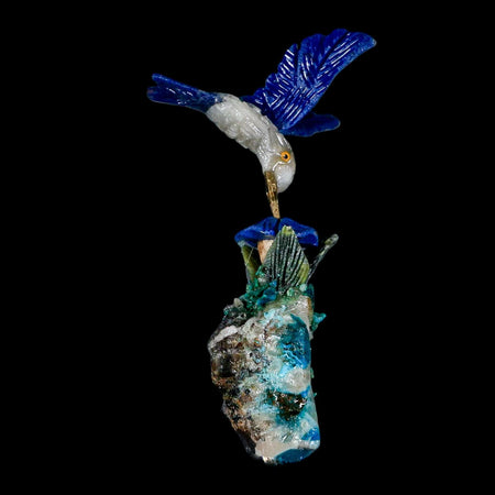 3.8" Hand Carved Bird Perched on Malachite, Quartz Crystals Hummingbird Peru